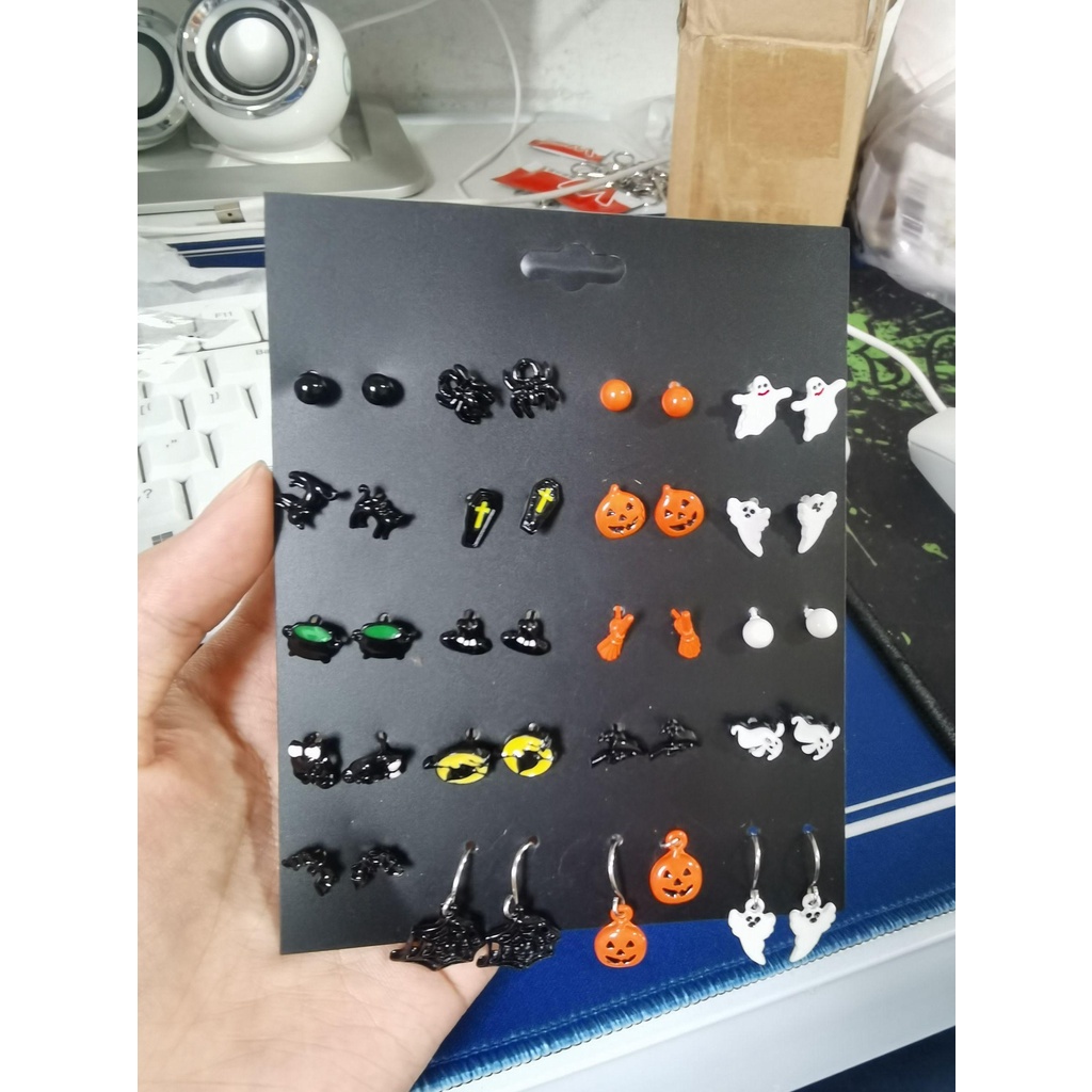 Solighter 20pasang Halloween Drop Anting Tren Perhiasan Kreatif Kucing Hitam Labu Laba Penyihir Hallowmas Kostum Cosplay