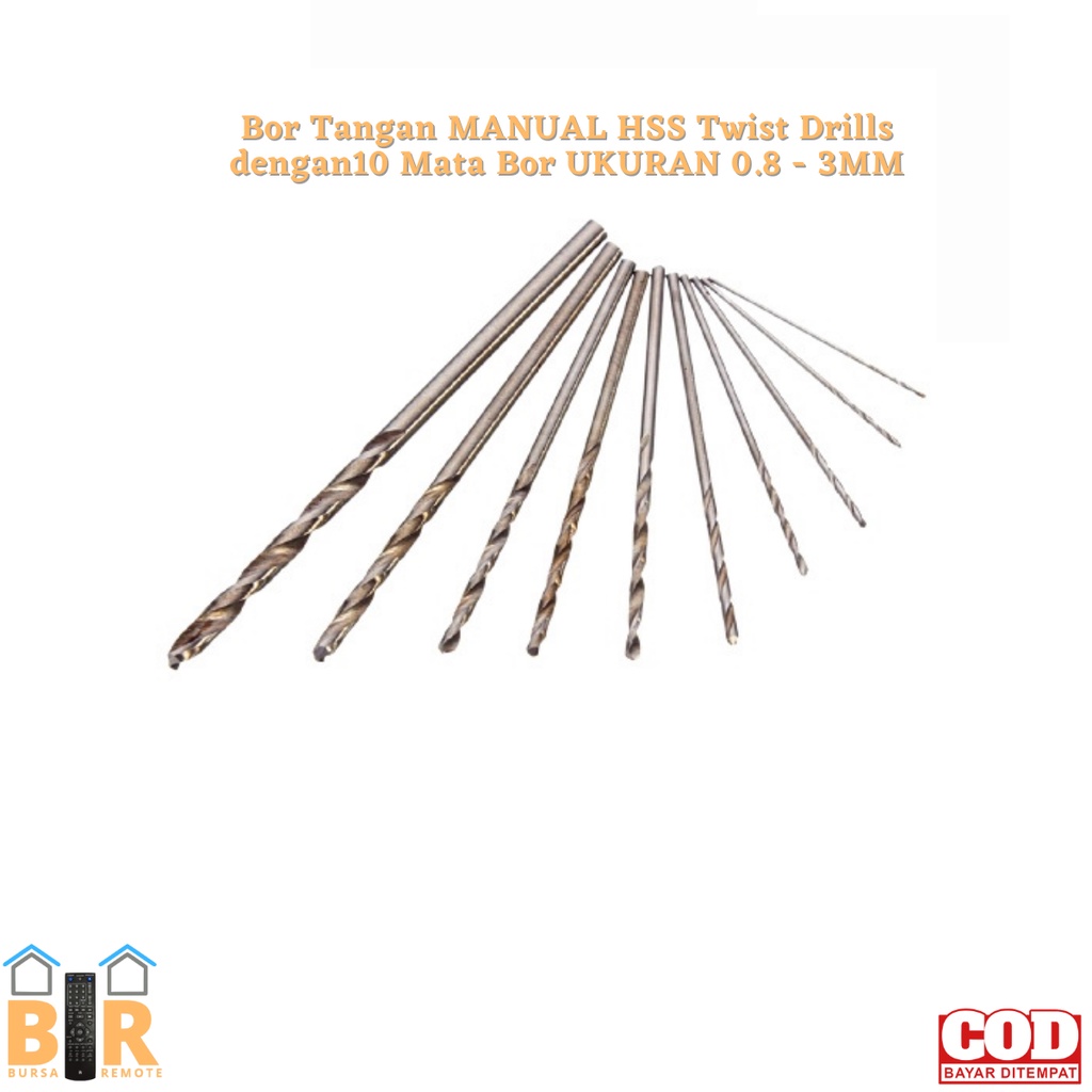 Bor Tangan MANUAL HSS Twist Drills dengan10 Mata Bor UKURAN 0.8 - 3mm