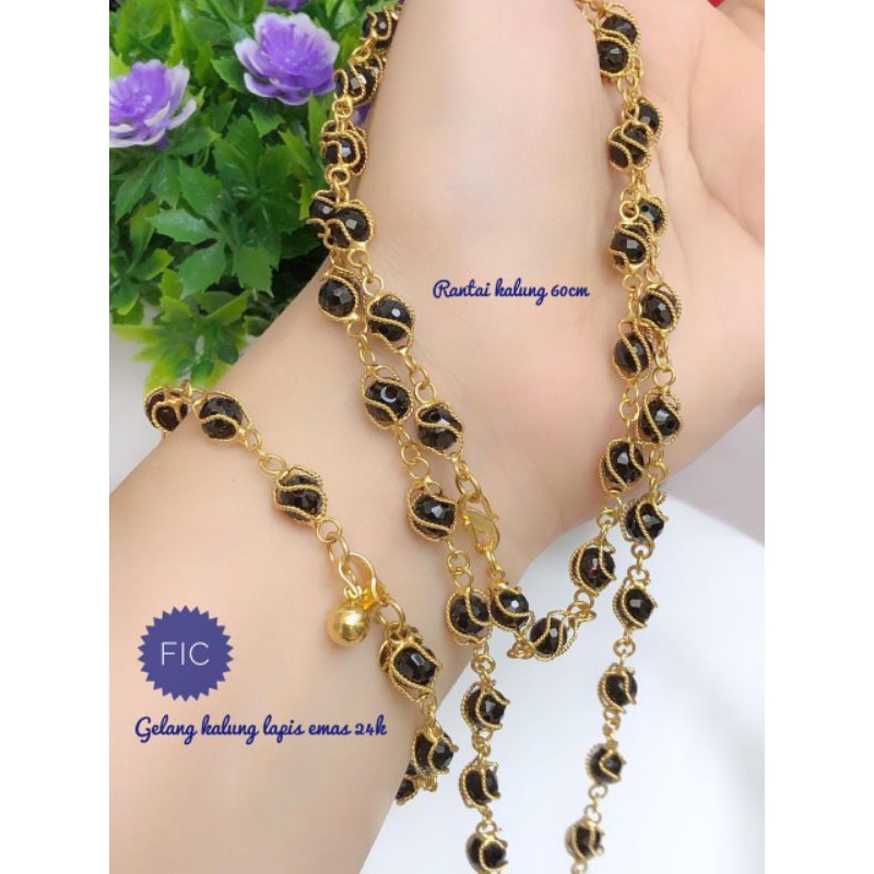 (SEP) Set Perhiasan Lapis Emas 24 Karat Xuping Gelang Kalung Panjang Hijab Batu Hitam Gold Titanium