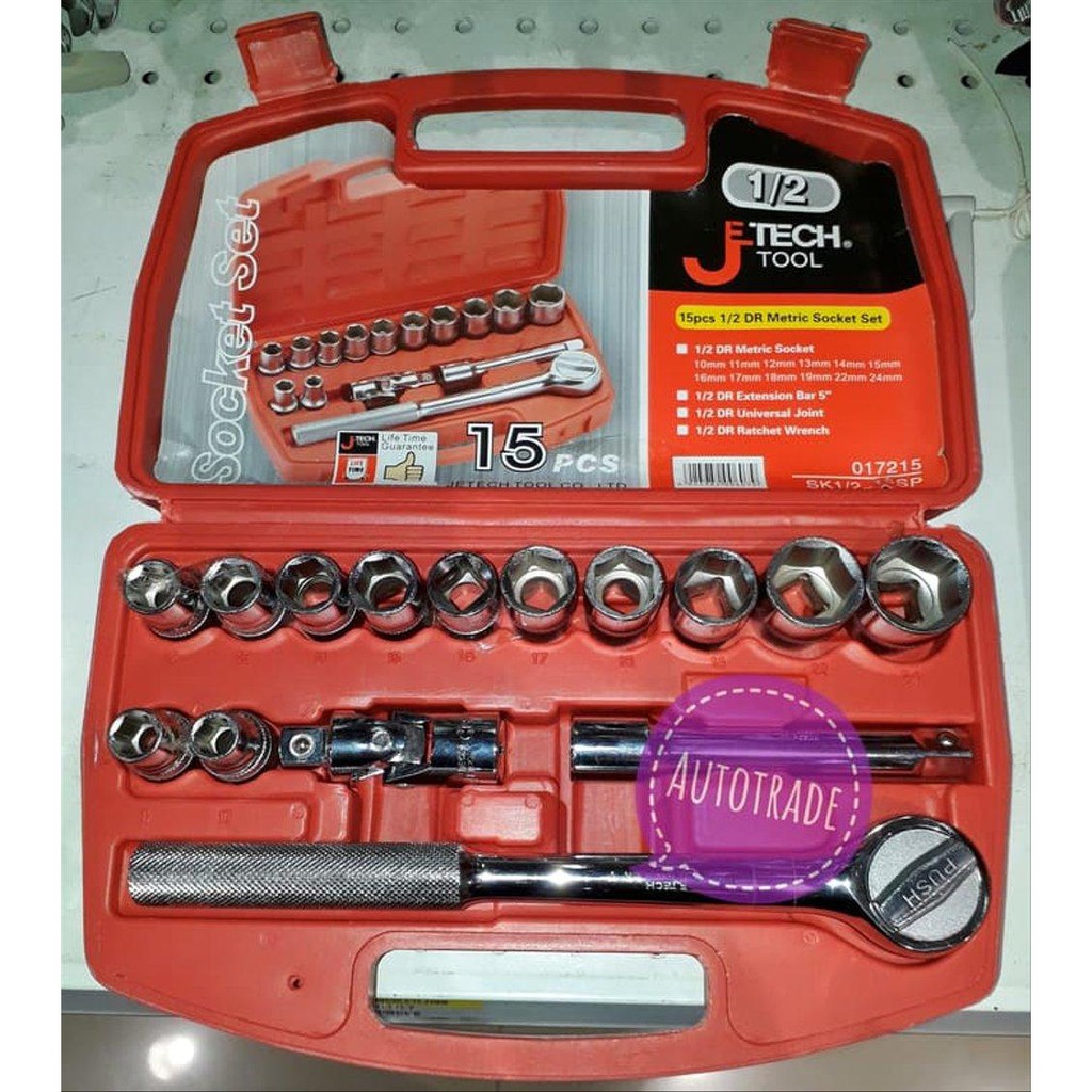 KUNCI SOK MOBIL 15 PCS 1 - 2 inchi DR SOCKET SET METRIC J TECH TOOL