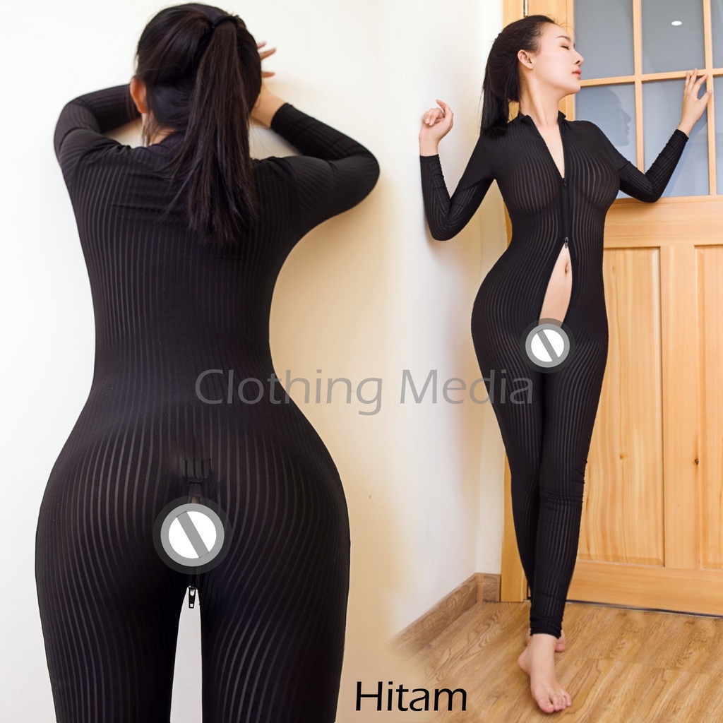 Full Bodysuit Silky Salur Warna Garis Bodystoking Dua Zipper Catsuit Bodycon Lingerie