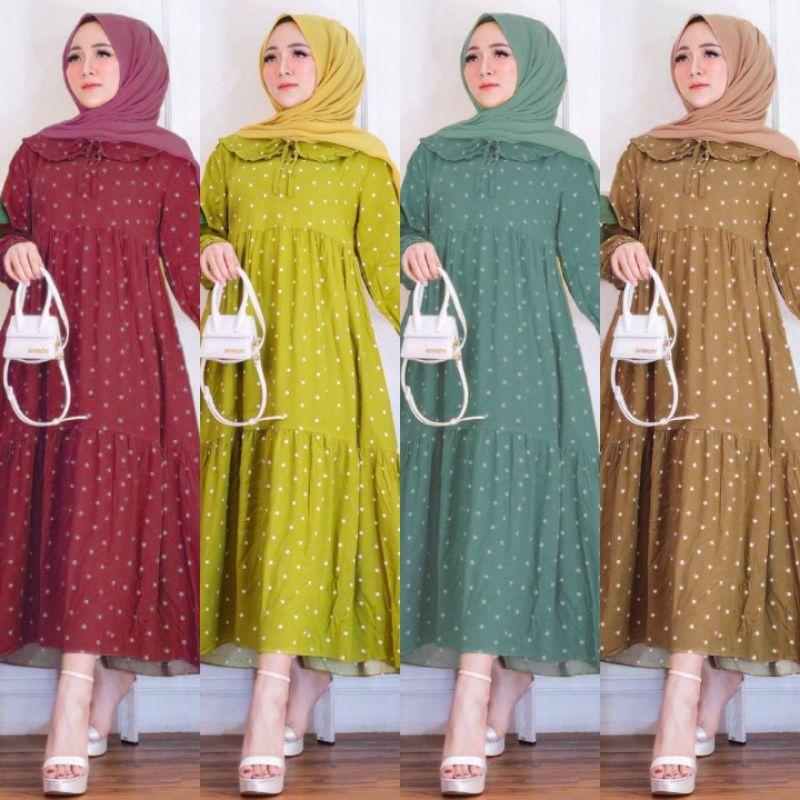 DRESS KANIA// GAMIS RAMPEL MOTIF POLKADOT/ MIDI DRESS POLKA KEKINIAN TERBARU// GAMIS LEBARAN// CHIKI MIDI DRESS POLKADOT JUMBO BUSUI