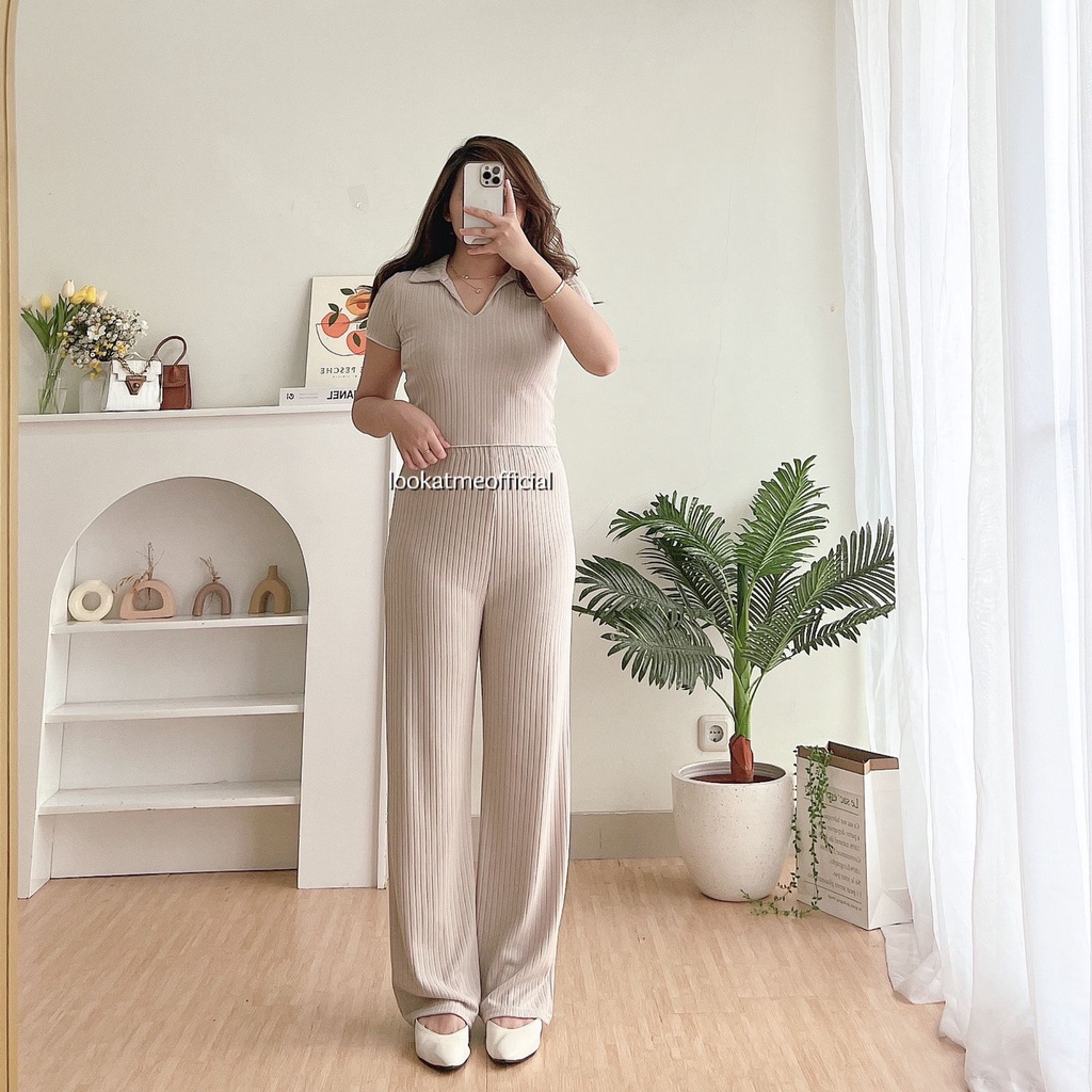 lookatmeofficial - Erika Knit Set - Setelan Wanita 2in1 Polo Top + Pants Bahan Knit Premium