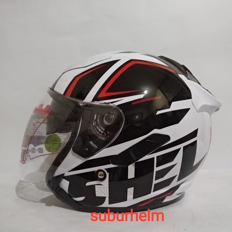 HELM SHEL ROVER  R - 812   WHITE  RED   HALF FACE  DOUBLE VISOR  SNI ORI