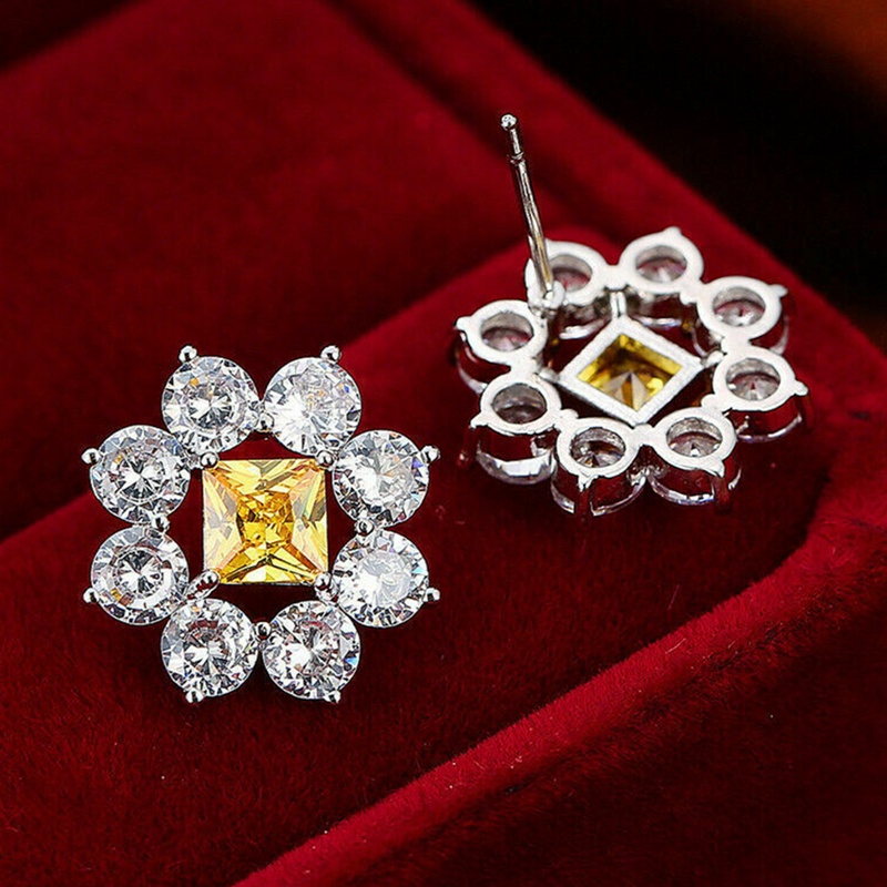 Yellow CZ Flower Earrings Female Bling Bling Wedding Engagement Party Ear Stud Luxury Silver Color Women Fashion Jewelry