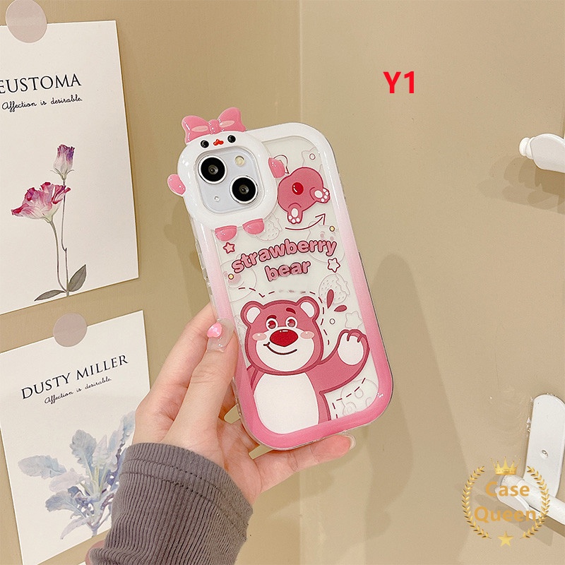 3d Bow-knot Kotak Lensa Monster Oppo A17 A15 A55 A57 2022 A16 A5 A9 2020 A54 A31 A16s A17KA11 Kartun Strawberry Bear Manyo Glossy Lembut TPU Penutup Belakang