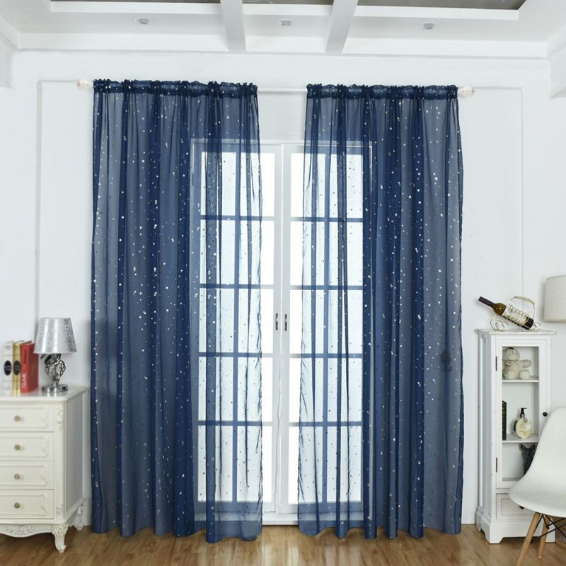 Silver And Stars Decorative Sheer Curtains Window Elegant Country