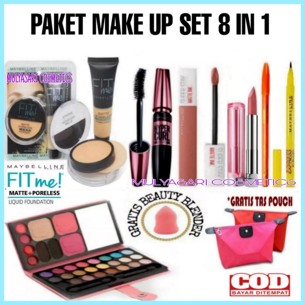 Paket Kosmetik Set Maybelline Hemat Super Komplit 8 in 1 - Gratis Tas Kosmetik Pouch &amp; Spons Telur