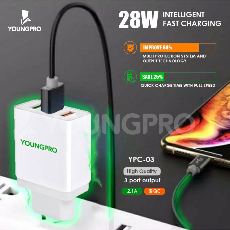 YOUNGPRO YPC03 28W 3 Port Quick Charge QC 3.0 Fast Charging