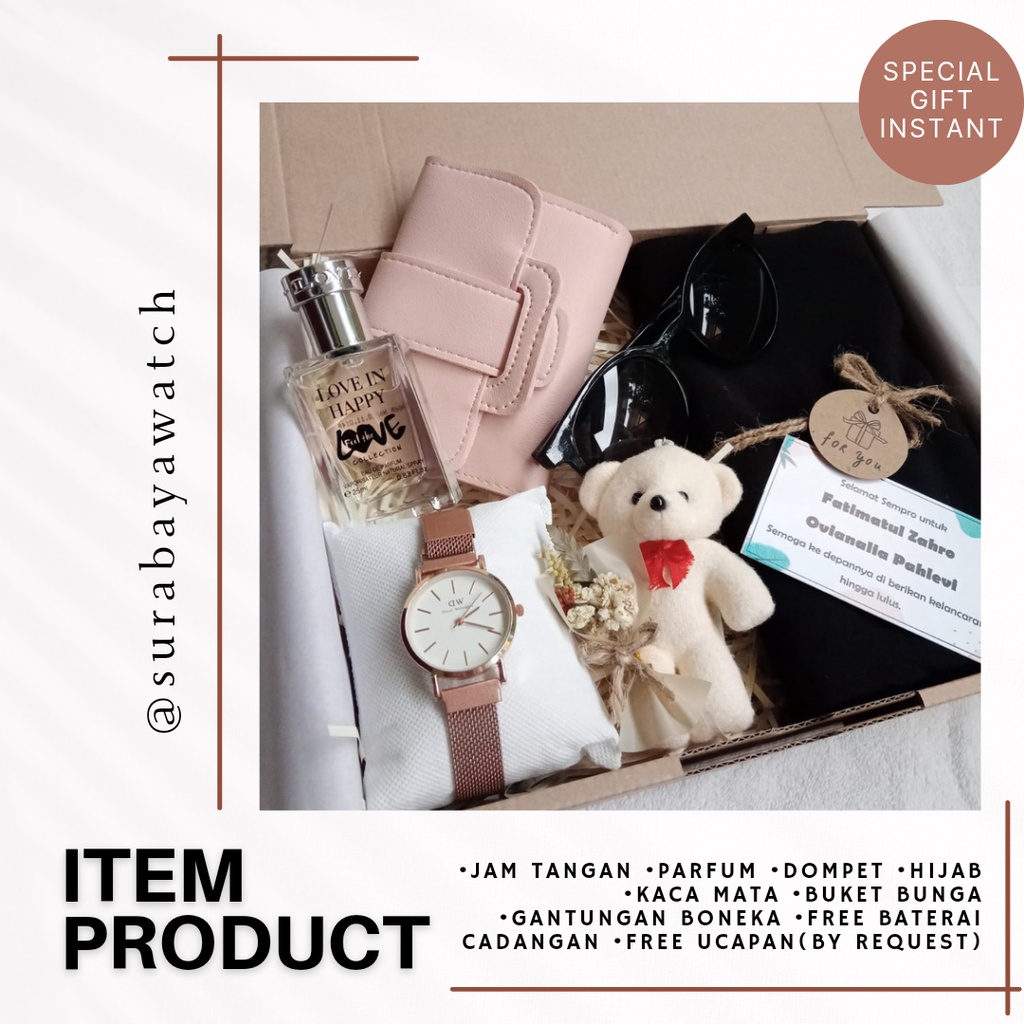 (Special B) GIFTBOX HAMPERS JAM TANGAN CEWEK RANTAI PASIR ULANG TAHUN Kado Dompet Kulit Gantungan Tas Boneka Buket Bunga Parfum Minyak Wangi Phasmina Hijab Kacamata Hitam