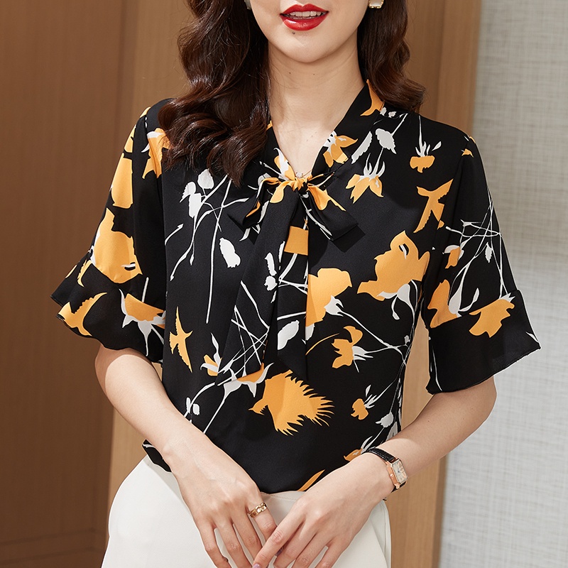 COD New 2022 Fashion Korean Floral Summer Short Sleeve Shirts Black White Women Blouse Tops Blus Wanita Lengan Pendek