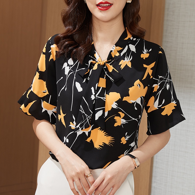 COD New 2022 Fashion Korean Floral Summer Short Sleeve Shirts Black White Women Blouse Tops Blus Wanita Lengan Pendek