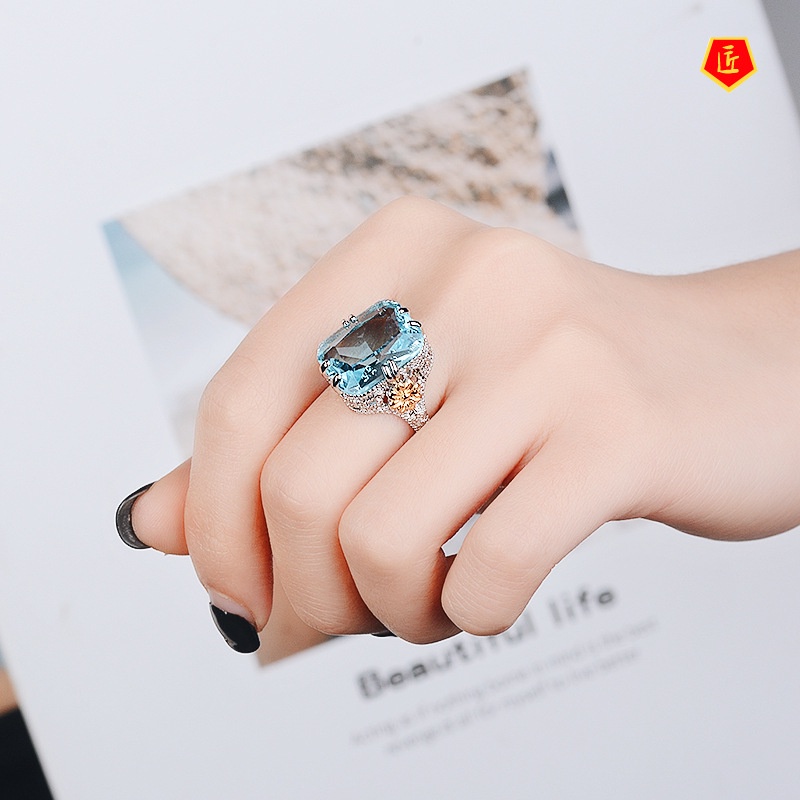 [Ready Stock]Elegant Blue Rhinestone Ring Women's Gold Color Separation Flower Ornament