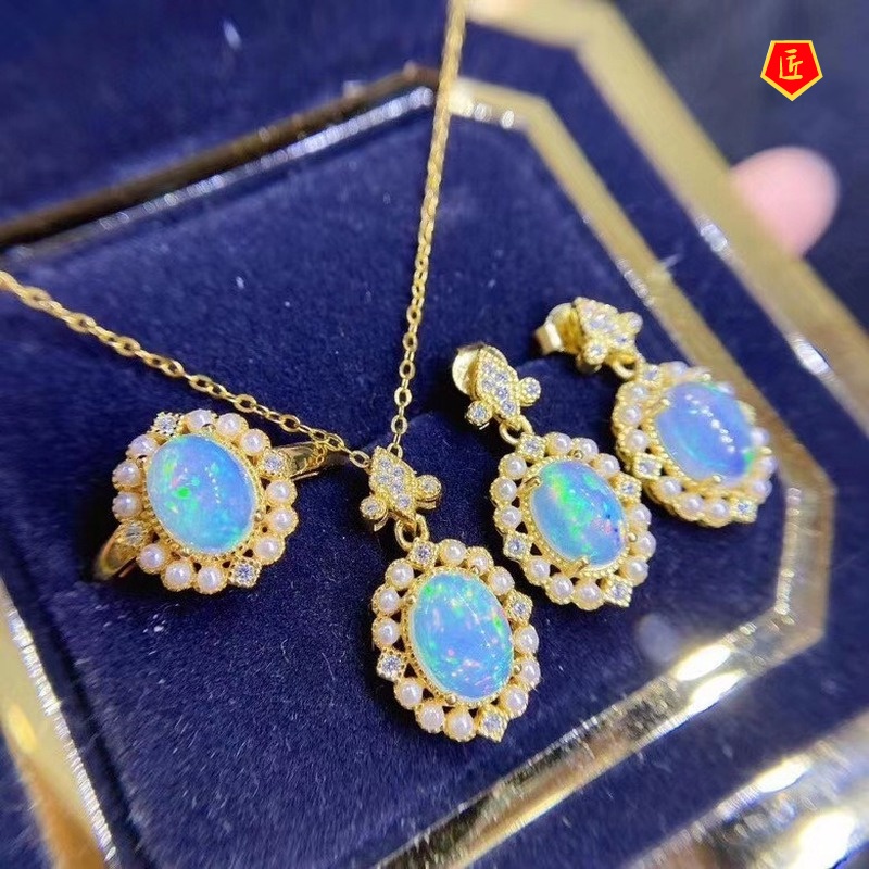 [Ready Stock]Natural Opal Ring Luxury Colored Gems Necklace and Earring Suit