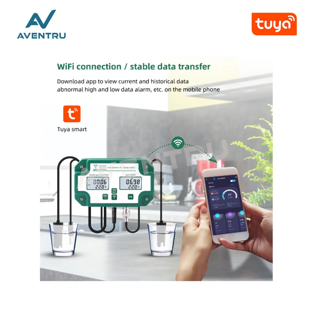 Smart WiFi Tuya 6in1 PH EC TDS Salinity S.G Temperature Meter W3988 Pengukur Kualitas Air