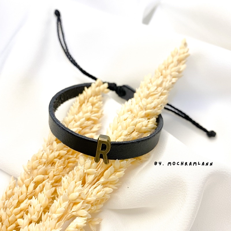 GELANG INISIAL BRONZE TALI KULIT SINTETIS / GELANG INISIAL HURUF / GELANG TALI INISIAL