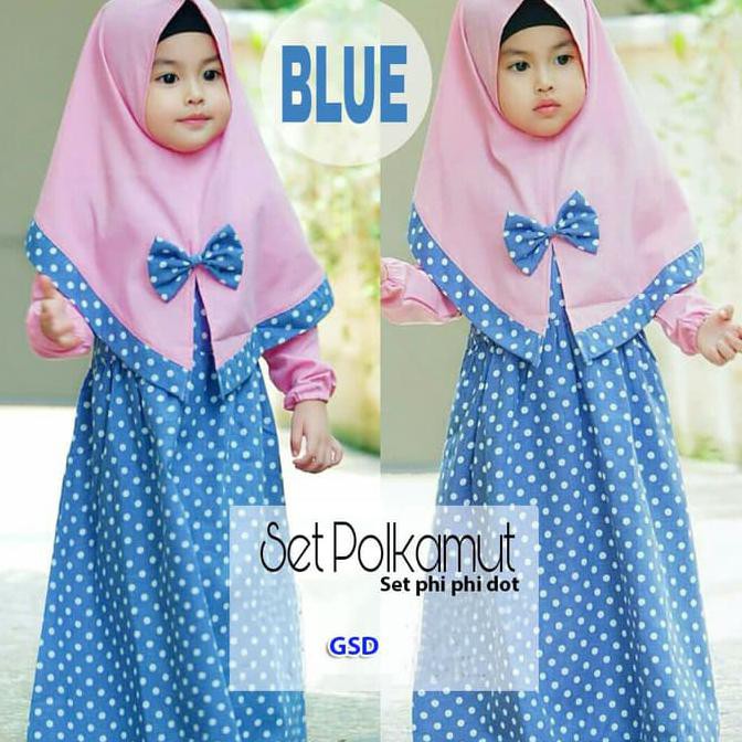 Set Polkamut Biru/Setelan Dress Gamis Anak+Bergo/Setela Baju Maxi Anak - Biru Muda