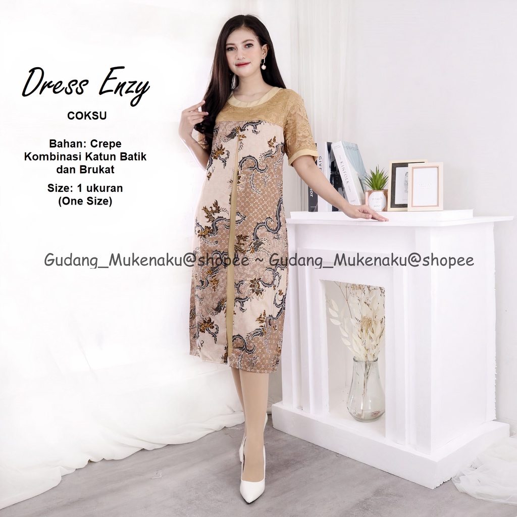 Gudang_Mukenaku Dress Enzy Bahan Katun Batik Kombinasi Brukat Pakaian Fashion Wanita Dewasa Terbaru Premium COD bisa bayar di tujuan