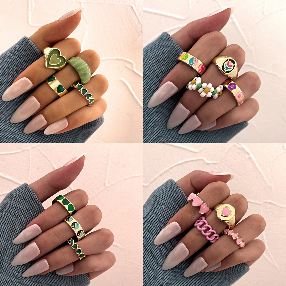 5Pcs/set Retro Rings Set Oil Dripping Heart Resin Beads Ring Women Ins Fashion Geometry Jewelry Accessories