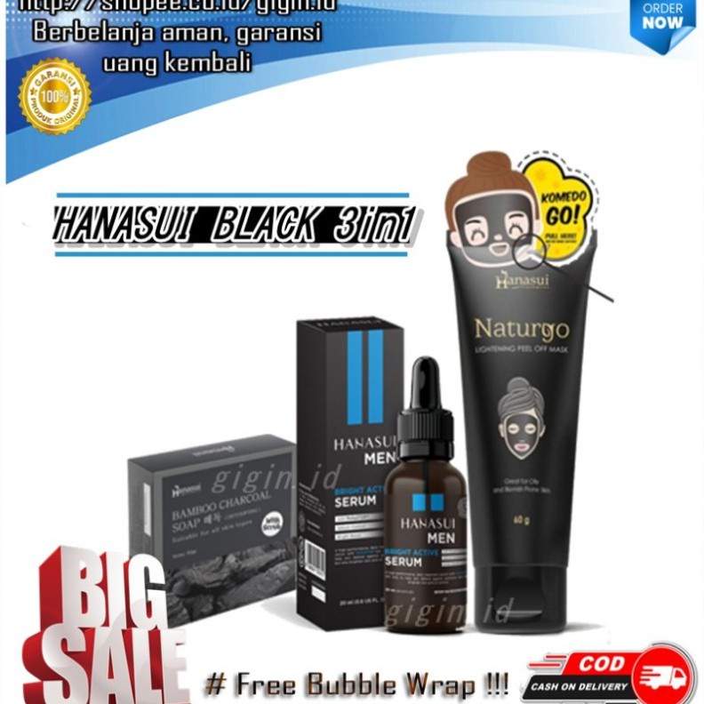 SKINCARE PRIA BPOM HANASUI BLACK SERIES / Charcoal Soap + Men Bright Active Serum + Naturgo Mask Tub