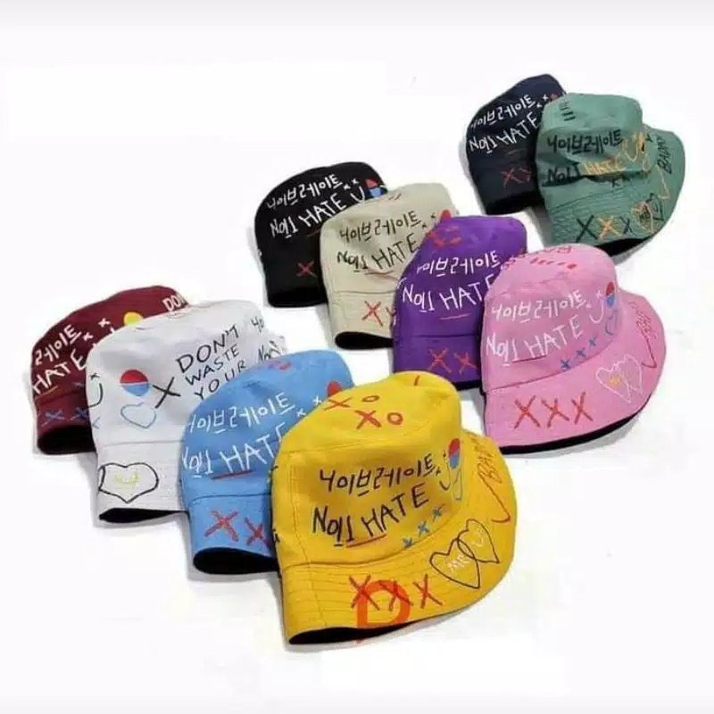 Topi badas bucket/ Wanita Motif Graffiti Gaya Korea Untuk Pasangan-Kpop Topi Bucket AksesorisFashion