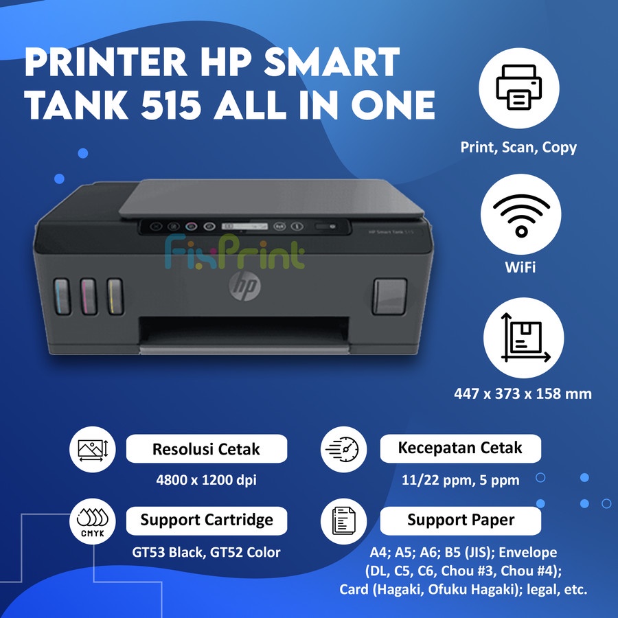 Printer HP Smart Tank 515 Print Scan Copy WiFi InkTank HP-515 Wireless Tinta GT53 GT52