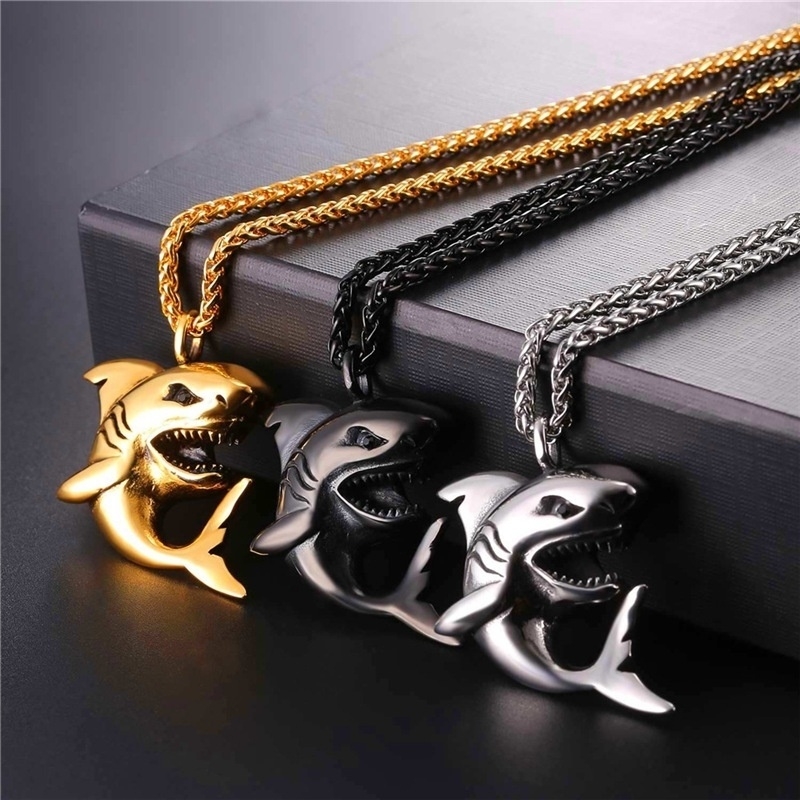 Kalung Liontin Bentuk Hiu Warna Silver / Gold / Hitam Gaya Rock Hip Hop Untuk Pria