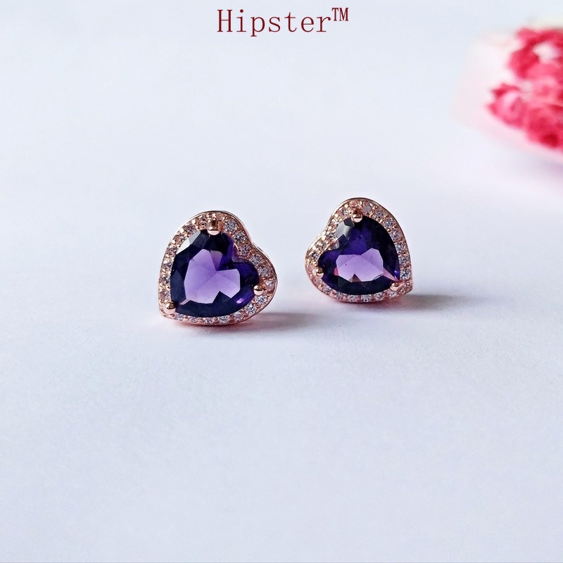 Fashion Special-Interest Retro Temperament Heart-Shaped Purple Crystal Stud Earrings