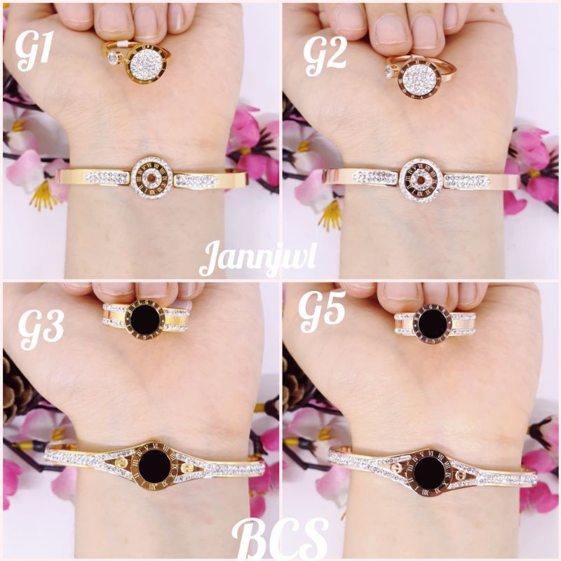 Gelang set+Cincin G1-G5 titanium asli anti karat tidak alergi