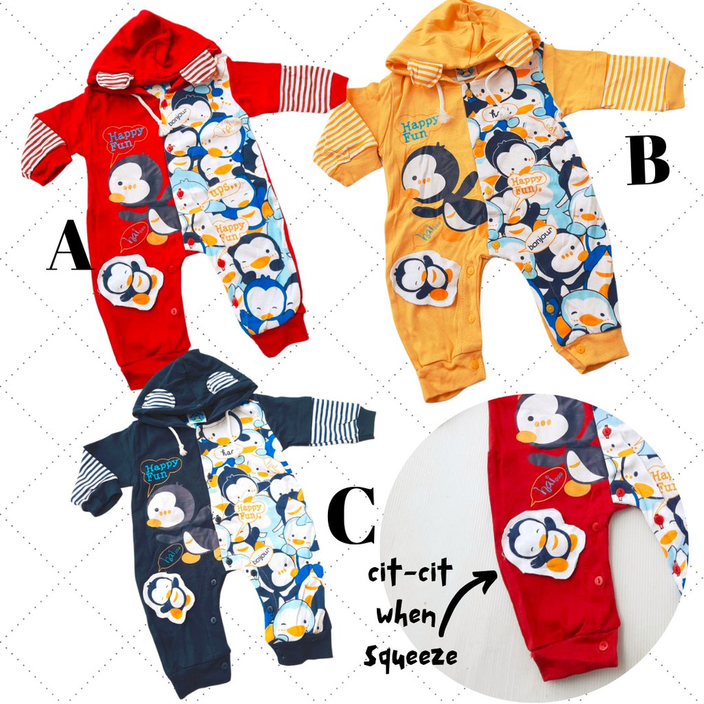 Baju Terusan Bayi 0-6 Bulan Romper Lucu Hoodie Penguin Cit-Cit | Pakaian Bayi Laki-Laki Lengan Panja