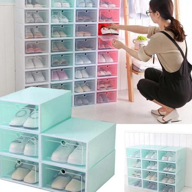 Kotak Sepatu Lipat Transparan Tebal Shoes Storage Box Organizer Rak Sepatu Plastik Susun