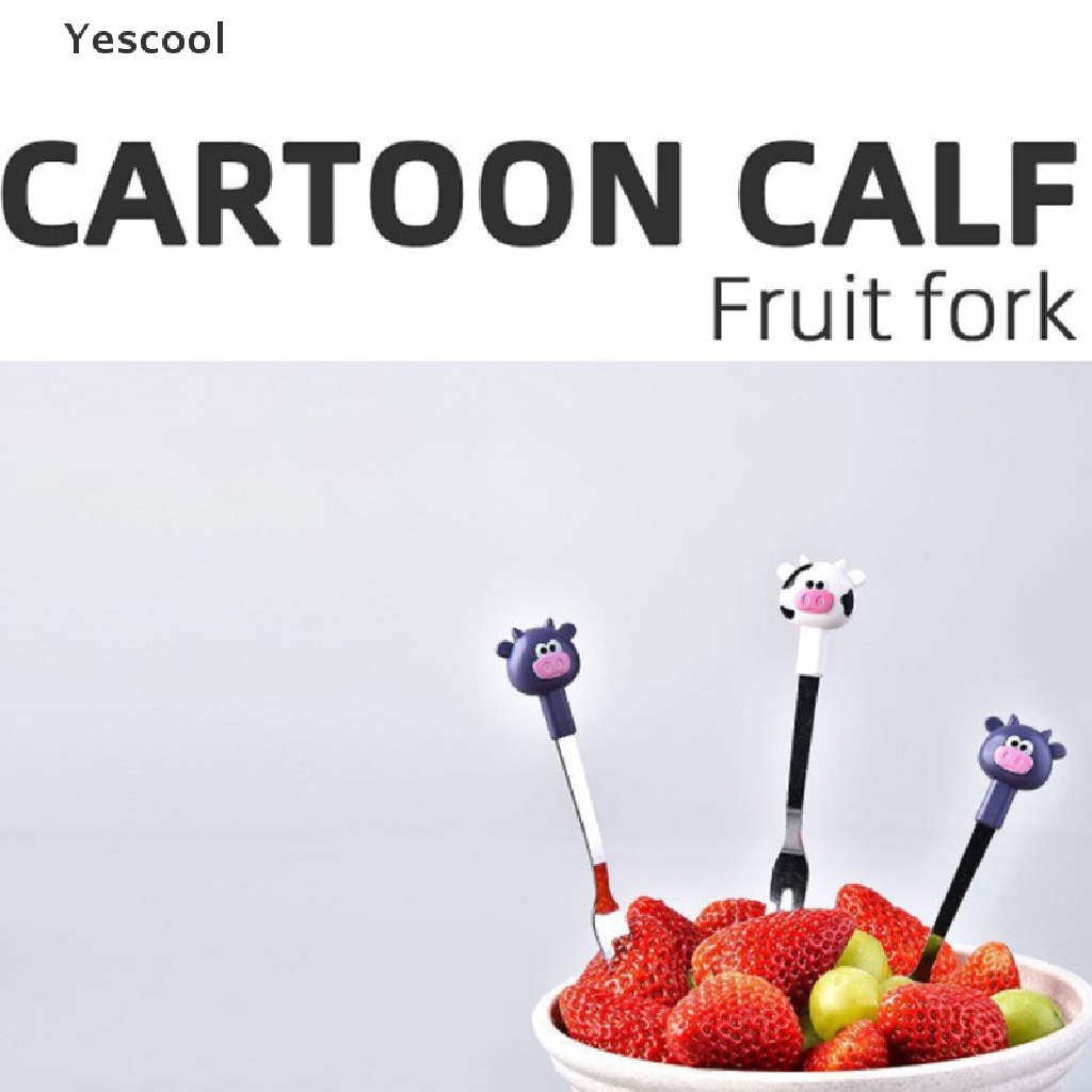 Yescool 6Pcs / Set Garpu Buah / Dessert Bahan Stainless Steel Desain Kartun Lucu Dengan Holder