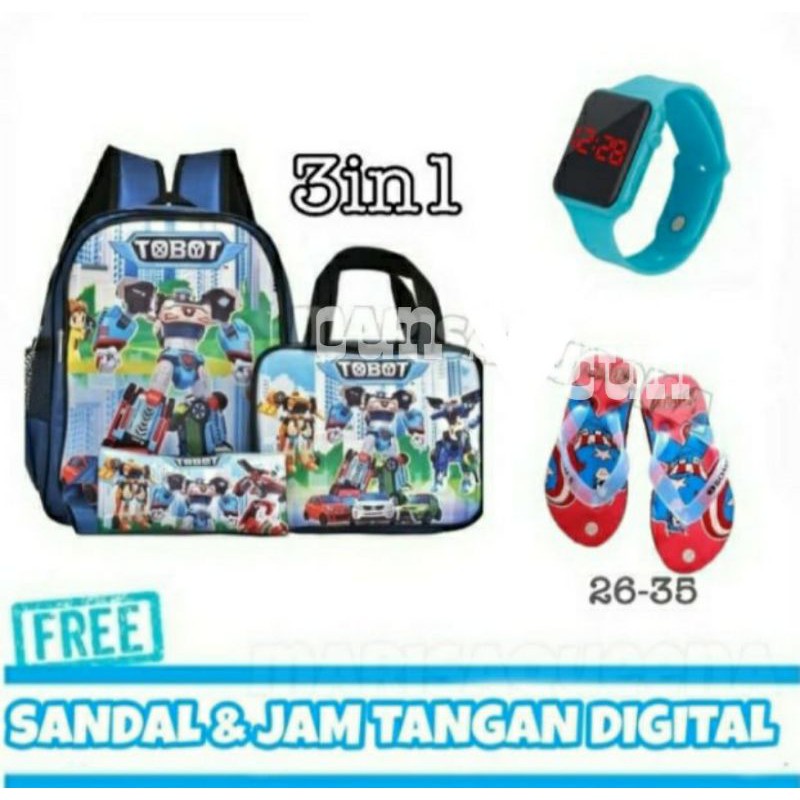 tas anak tobot 5in1 tas robot berhadiah sandal+jam tangan led