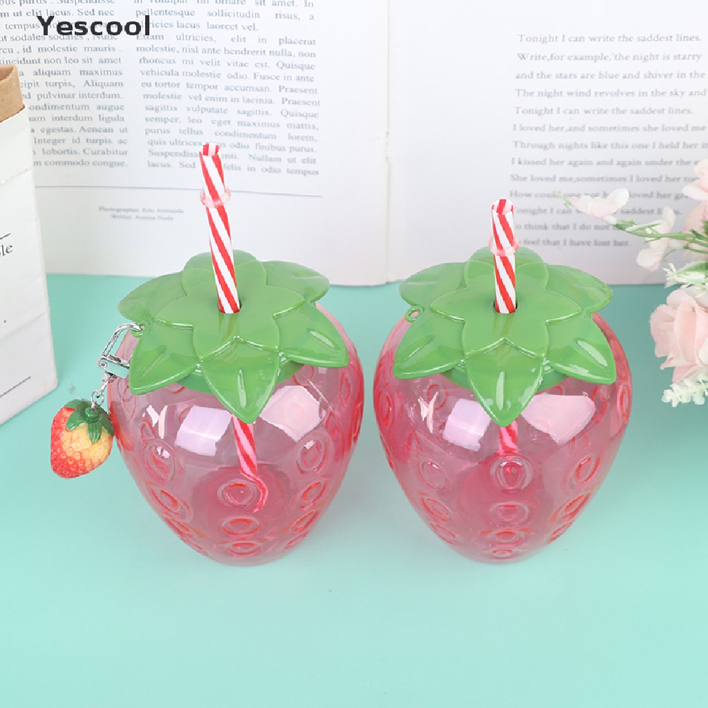 Yescool Botol Minum Plastik Portable Motif Kartun Strawberry Dengan Sedotan Untuk Anak Perempuan