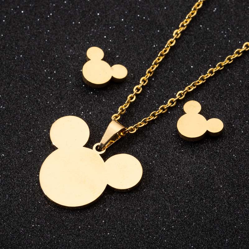 Set Kalung Dan Anting Liontin Hewan Mickey Bahan stainless steel Untuk Anak Perempuan