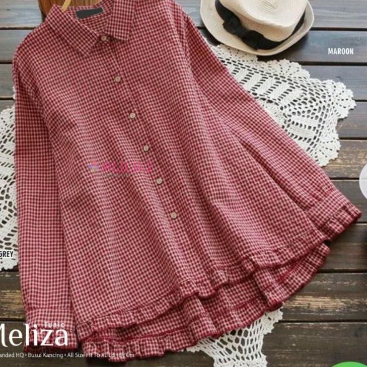 Ready Stok Meliza Tunik Kotak kotak Hitam & Maroon Long Tunic busui Ld 105 bawah Rempel Katun HQ By