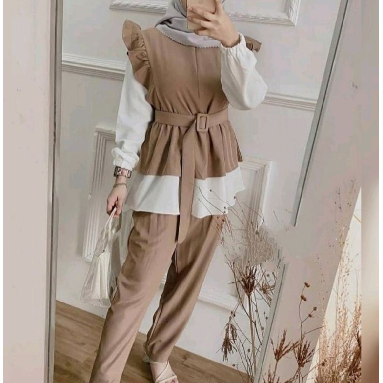 ONE SET JUMBO XXL - STANDART L / XL - ONE SET NIKEN SET / SETELAN WANITA ONE SET DAILY SET TUNIK  FASHION WANITA-MALIKA MOCA