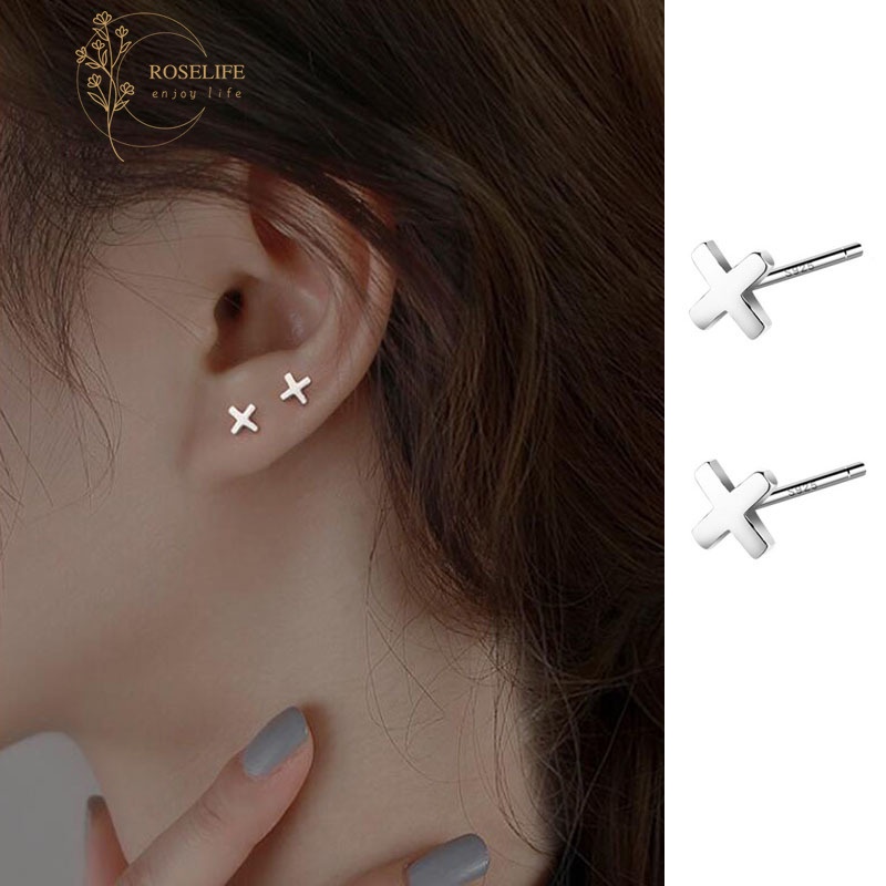 Roselife [1 Pair] S925 Silver Hypoallergenic ➕ Plus Cross Small Stud Earrings