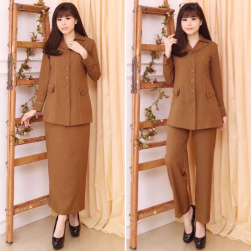 Jas Pemda Seragam Dinas Wanita Coklat Tua Blazer Pemda Khaki Set Rok Baju Seragam Pemda PNS ASN Pdh 