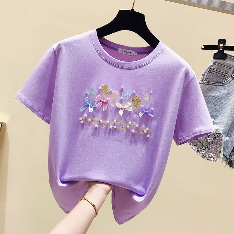 Kaos T shirt Wanita Lengan Pendek Dengan Hiasan Pita Dan Kaos T shirt Wanita Lengan Pendek Dengan Hiasan Pita Dan