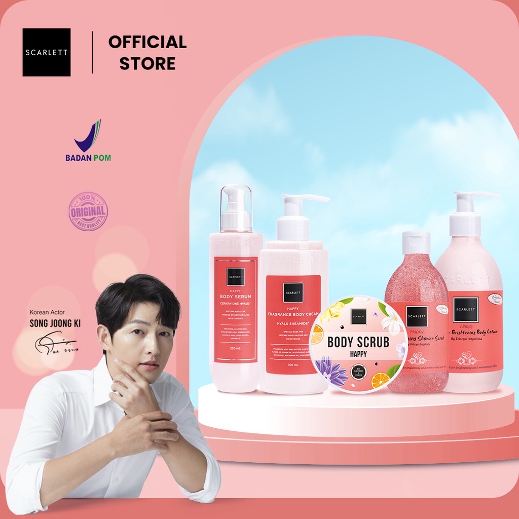 SCARLETT Whitening Happy Series Indonesia / Body Care / Perawatan Kulit Tubuh / Scrub Brightening Shower Scrub Serum Cerathione Hyalu Fragrance Cream Hyalu Sheamide Lotion 250ml 300ml / Sabun Mandi Moisturizer Pelembab / Skincare Package Paket Lengkap