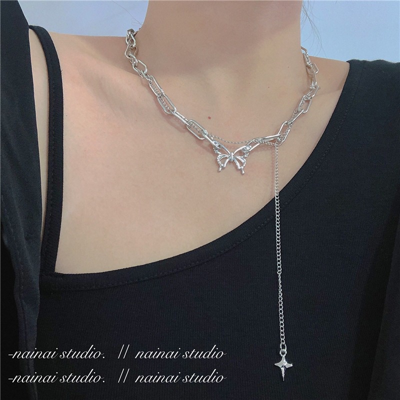 Kalung Kupu-kupu Jahitan Rantai Ganda Gaya Punk Versi Korea Dari Rantai Klavikula Rumbai Angin Dingin Aksesoris Fashion Wanita