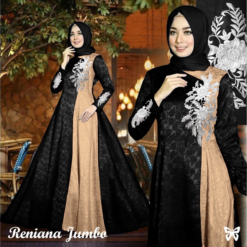 Maxi Gamis Pesta RENIANA L - 5XL Baloteli Emboss Motif Bordir Bunga Mewah Terbaru-Black Mocca