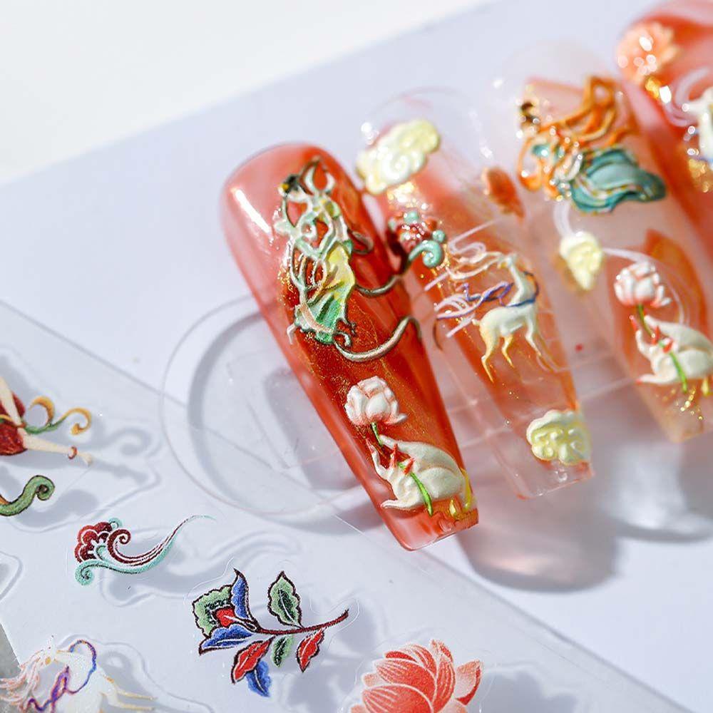 AUGUSTINA Agustin Dunhuang Mural Kuku Stiker Salon Rusa Perekat Diri Stiker Tipis Tangguh 5D Timbul Gaya Cina Kuku Foil Decals