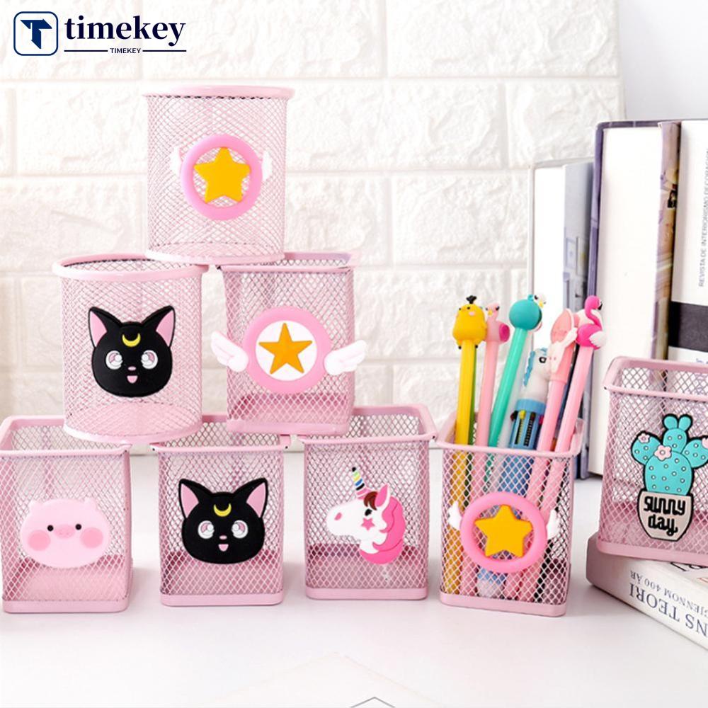 Timekey 1 Pc Stand Holder Pulpen / Pensil / Alat Tulis / Kosmetik Bahan Metal Warna Pink Untuk Kantor / Sekolah H3Z1