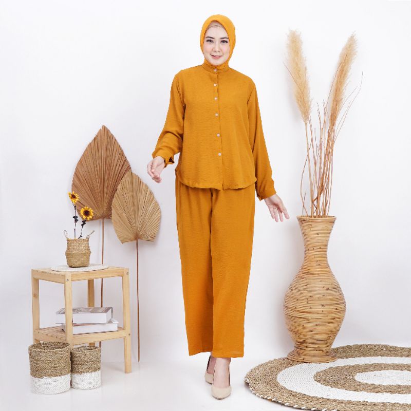 Kemeja set wanita krah shanghai | Setelan kemeja busui lengan panjang | Setelan kemeja oversize crinkle