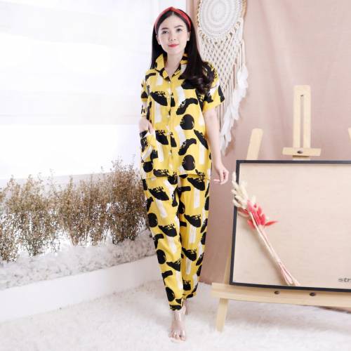 Setelan Piyama Wanita Baju Tidur Cewek Motif Tie Dye One Set Rayon Adem Jumbo XL-XXL Caris CP-MELANI MUSTARD