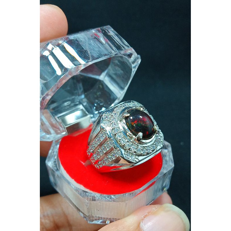 BATU CINCIN BLACK OPAL ASLI NATURAL IKATAN RING PERAK BANGKOK