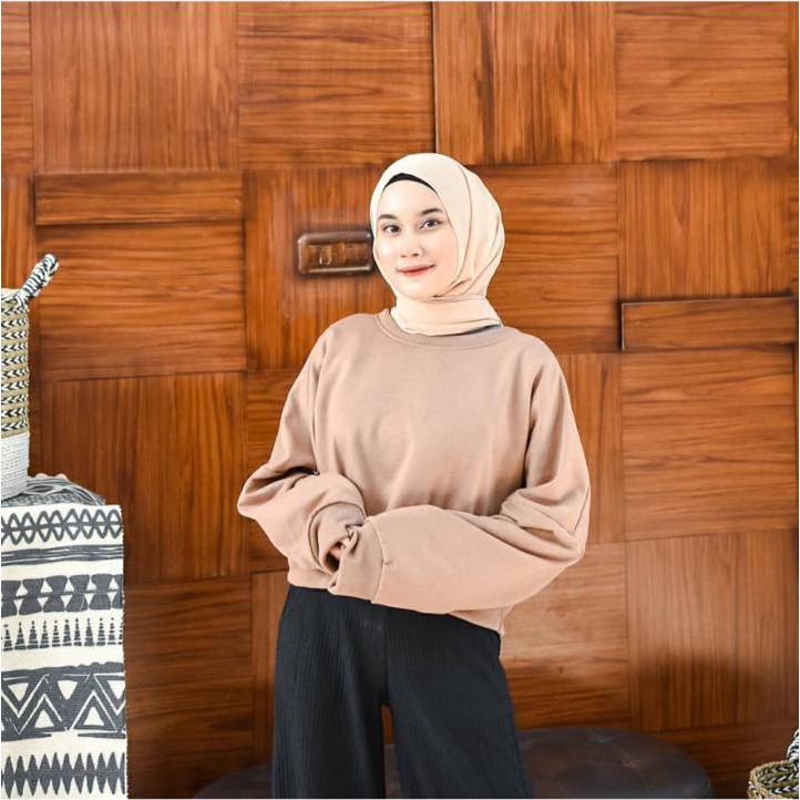 OVERSIZE CROP SWEATER - SWEATER WANITA TERBARU - BAHAN FLECE TEBAL DAN LEMBUT-mocca