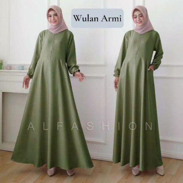 Baju Gamis Dress Wanita Muslim Kondangan Busui Polos WULAN JUMBO Busui Warna Hijau Army Armi
